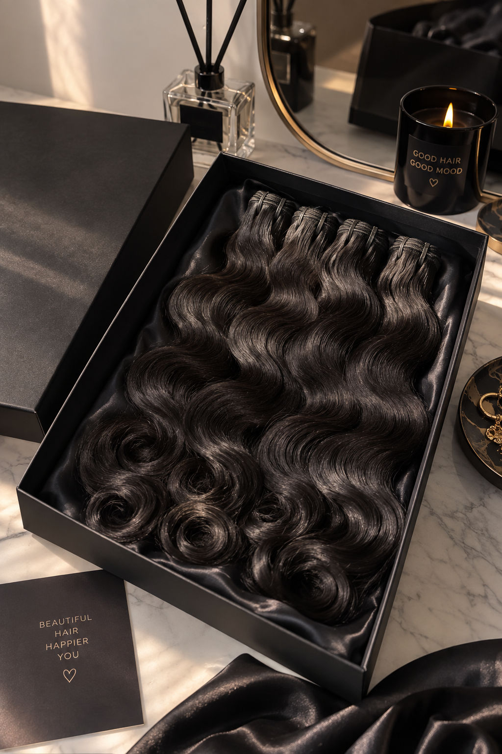 Coffret Glow Hair London fermé, ruban satin